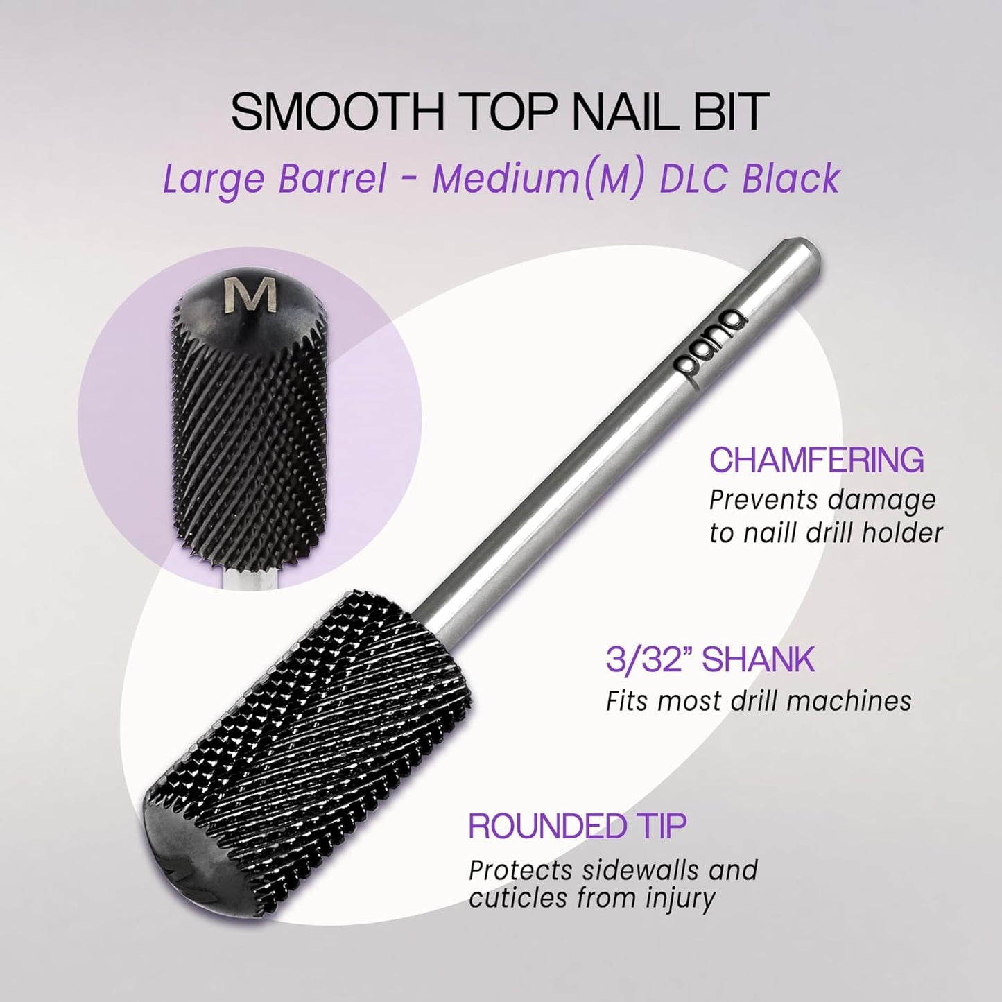 PANA 3/32" Large Smooth Round Top Safety Carbide Nail Drill Bit for Gel Polish & Acrylic Removal Nail Salon Manicure Pedicure Electric File Tools (Large Barrel - DLC Black, Medium)