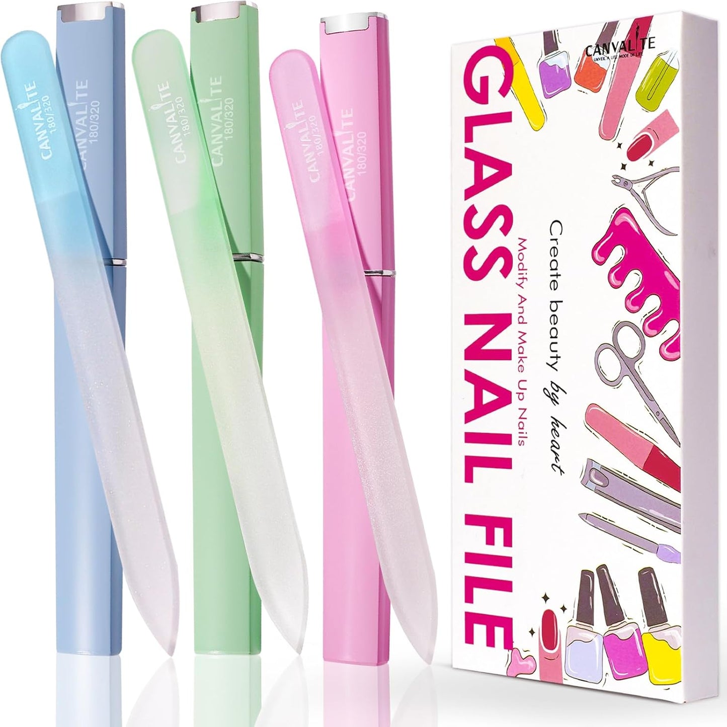 CANVALITE Glass Nail Files for Natural Nails Glass Fingernail File with Case Double Sided 180/320 Grit, Stocking Stuffers for Women Girls, Pack of 3