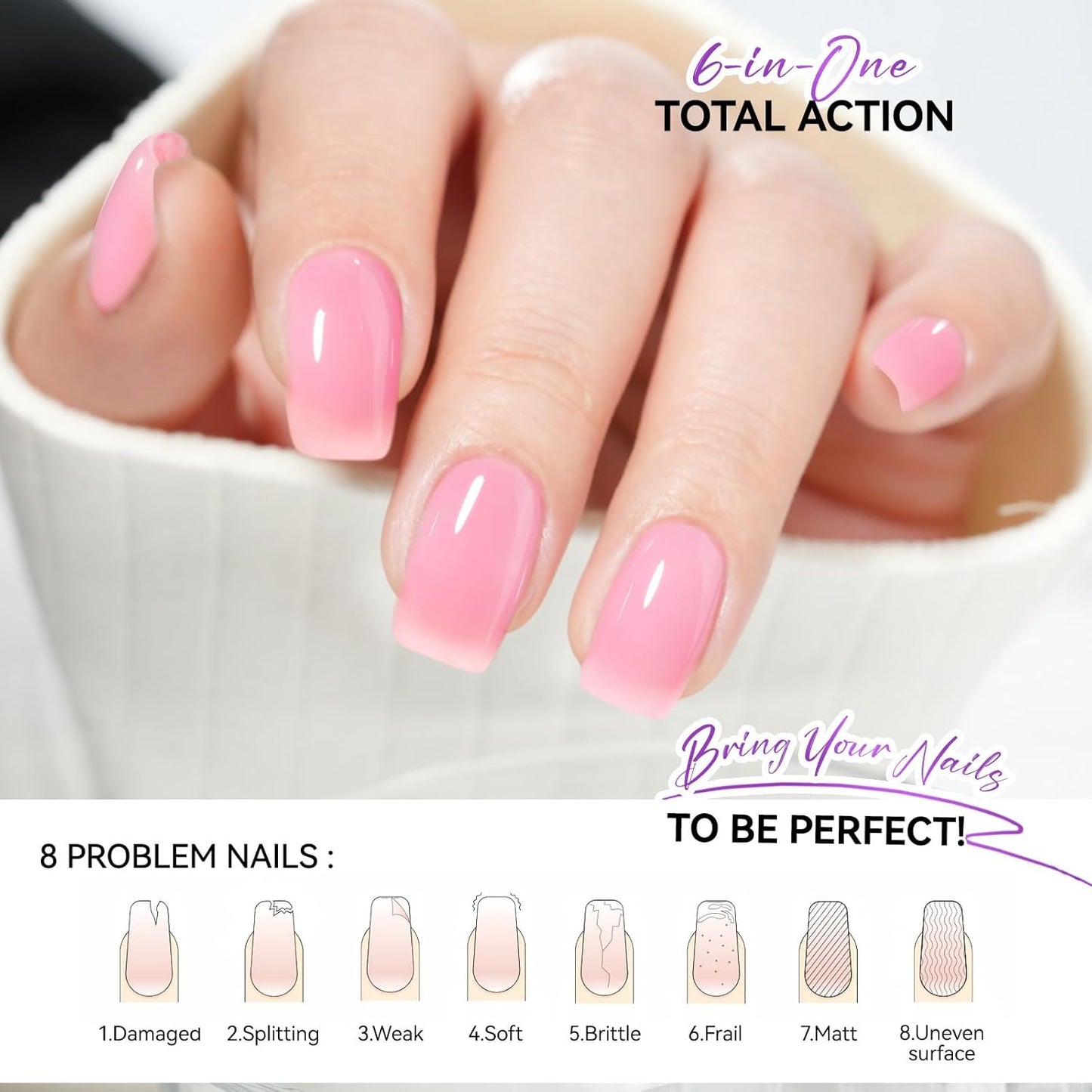 Nail Polish Strengthener and Growth Treatment: Pink Gelike EC 6 in 1 Natural Nail Hardener Extra Strong and Growth - Long Lasting Nail Repair for Damaged Nails - For Daily Work Home Salon