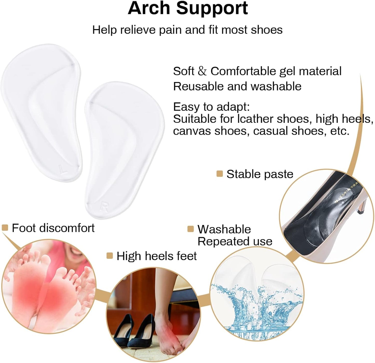 Correct-Position Gel Arch Support Insoles: Plantar Fasciitis & Flat Feet Relief, Adhesive Foot Pads for Pressure-Free Comfort- 6 Pairs