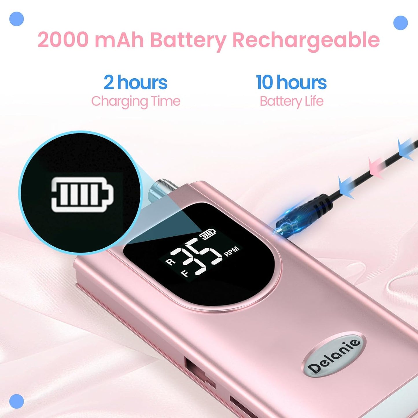 Delanie Electric Nail Drill Professional 35000 RPM Rechargeable Portable E-File for Nail Tech, Rose Gold