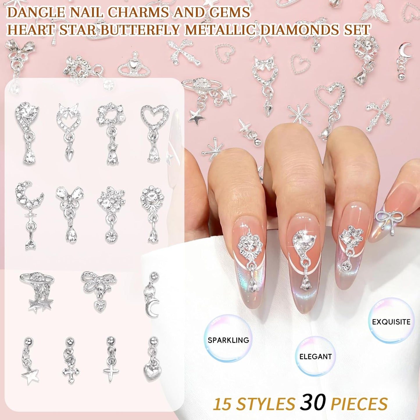 100Pcs Dangle Silver Nail Charms and Gems, Cross Star Heart Crown Planet Bows Butterfly Nail Gems Charms Silver Nails Art Supplies for Women DIY Accessories
