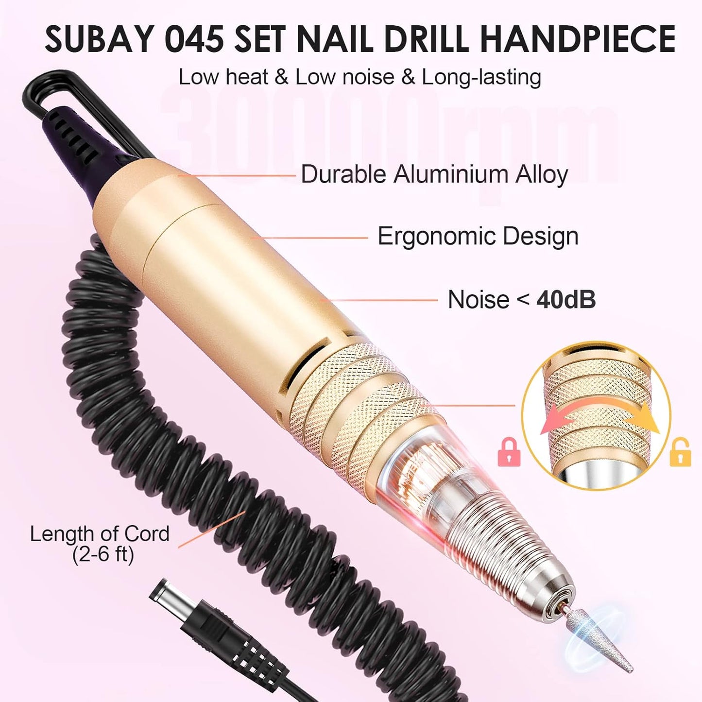 Subay Professional Electric Nail Drill Machine, 30,000RPM Electrical Nail Efile Kit for Acrylic Nails, Gel Nails, Manicure Pedicure Polishing Tools for Professional Salon Use, Golden