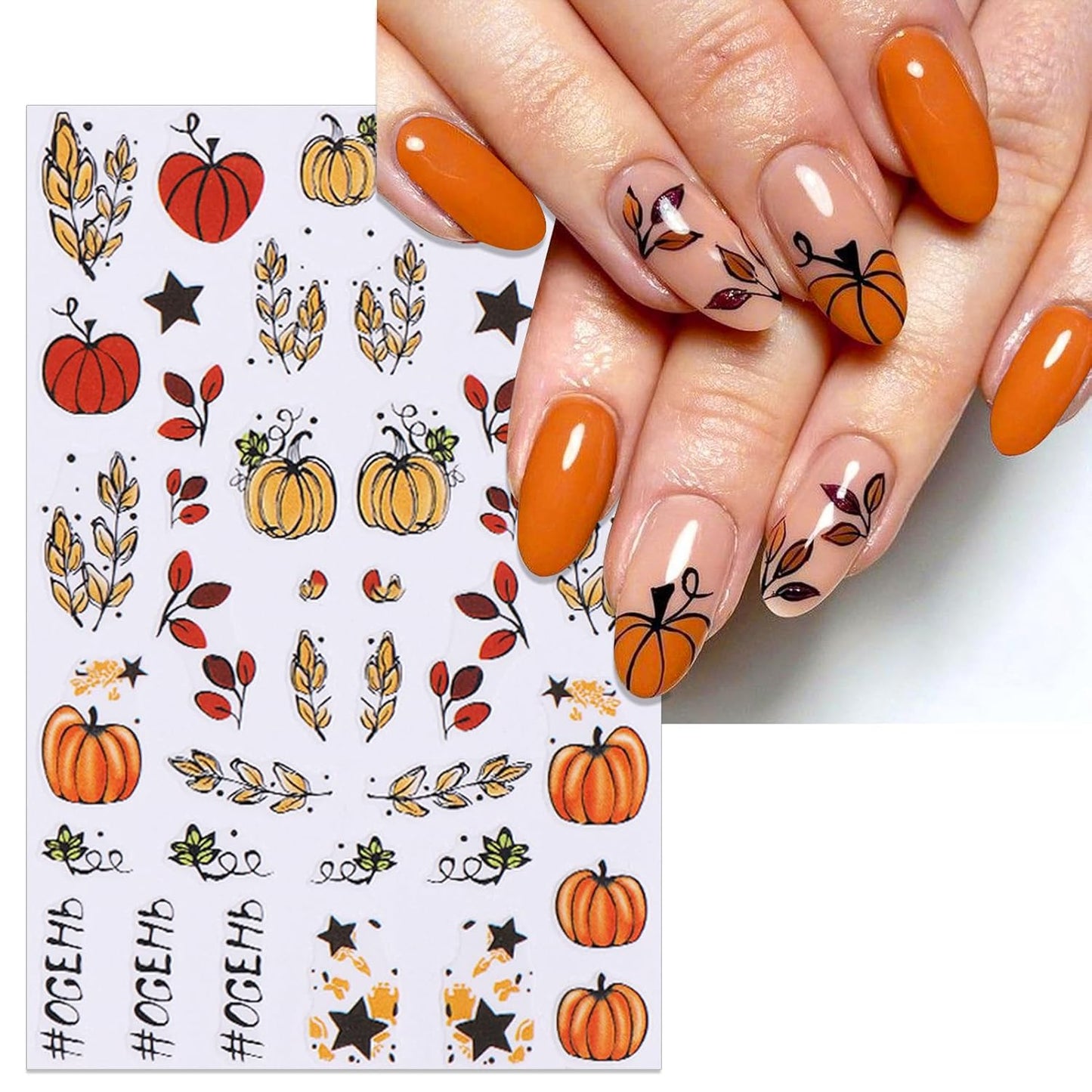 8 Sheets Fall Nail Stickers - Autumn Pumpkin Leaf Floral Self-Adhesive 3D Nail Decals for Women Girls DIY Thanksgiving Day Manicure