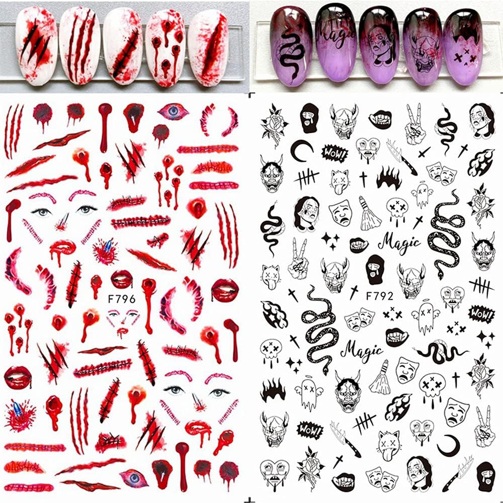 TOFD Blood Nail Art Stickers Halloween Sticker Decals, Self Adhesive 3D Supplies Scar Clown Snake Eye Heart Designs for Women Girls Acrylic Nails, 4 Count (Pack of 1)