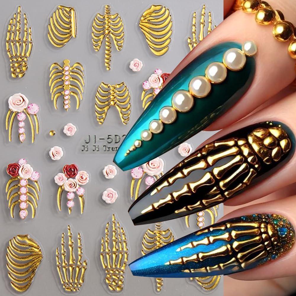 Halloween Nail Art Stickers 5D Embossed Rose Skeleton Nail Decals 3PCS Gold Rose Gold White Fantasy Bone Pumpkin Bat Design Halloween Nail Stickers Supply for Women Holiday Manicure Nail Decorations