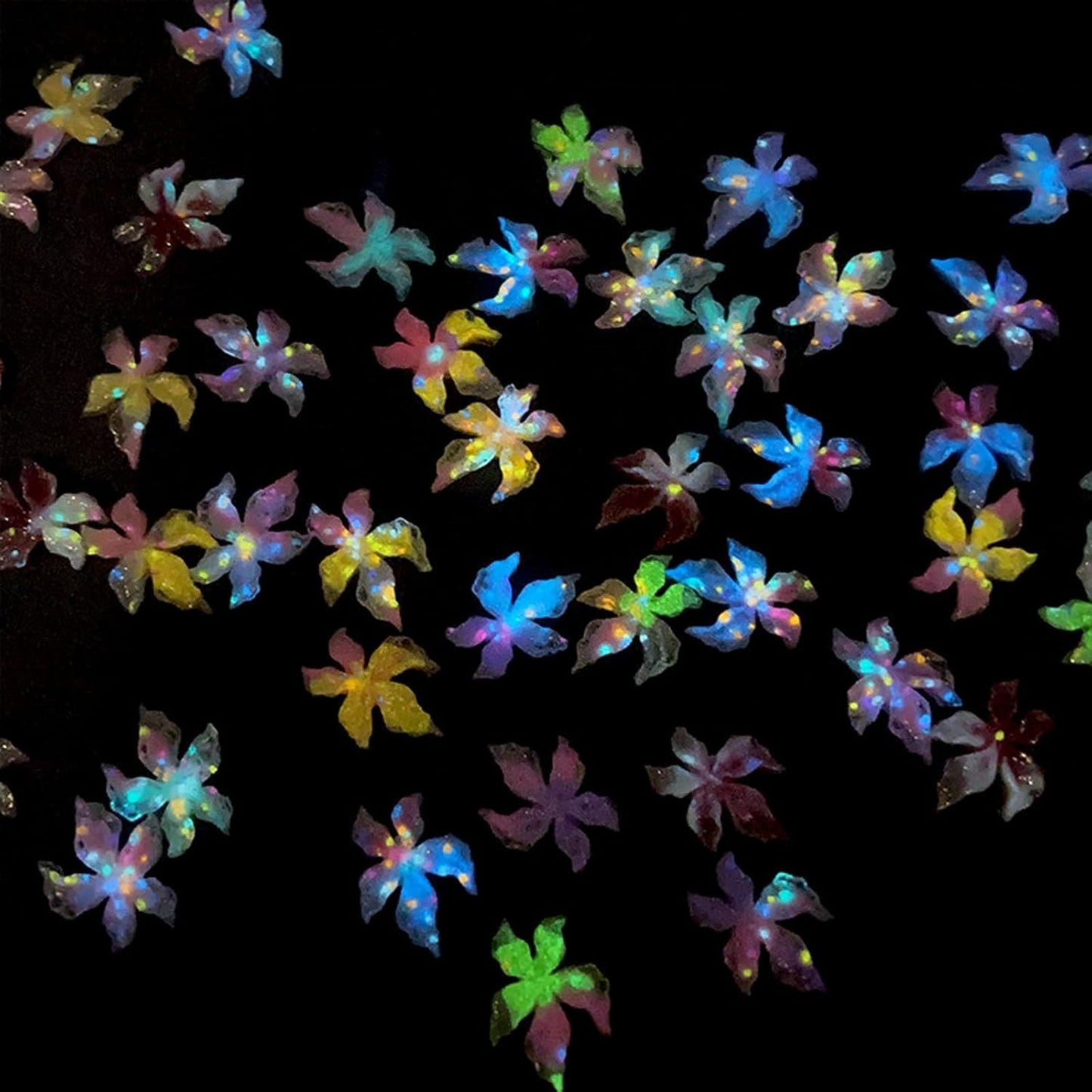 3D Crystal Flower Nail Charms, 100 Pieces Mixed Color Spring Floral Rhinestones, Hawaii Style Nail Art Decorations with Golden Beads