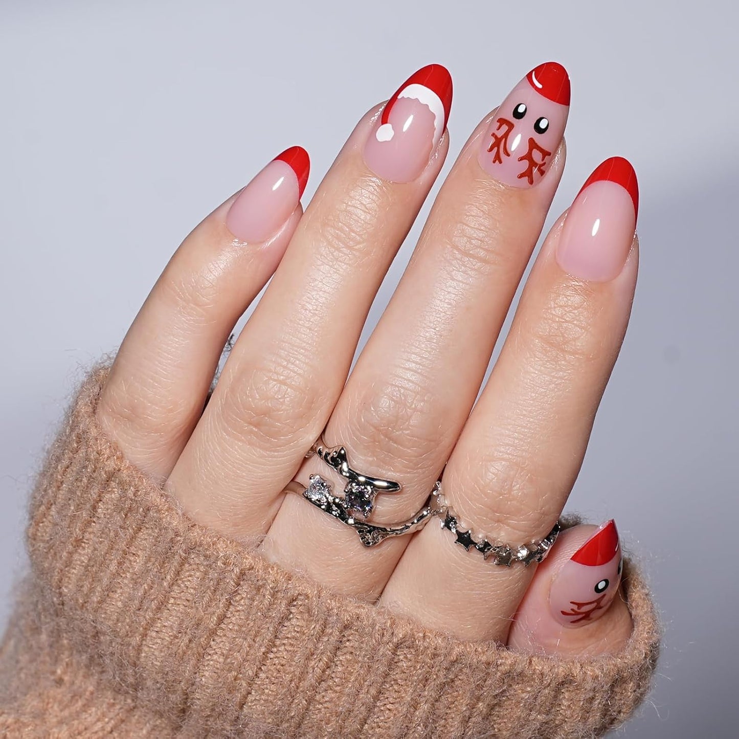 French Tip Press on Nails, Short Press on Nails Almond Reusable Glossy Red Nails Soft Gel Elk False Nails Press ons for Women, 16 Sizes 32 Count Nails Kit with Glue (SV-14)
