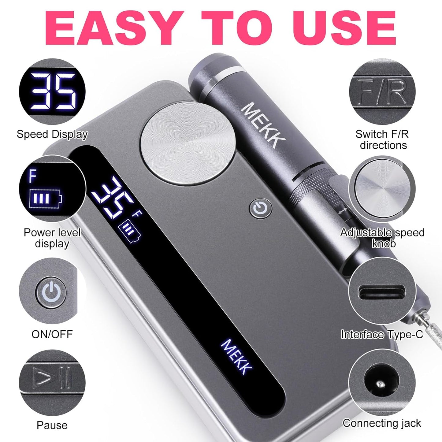 MEKK Nail Drill Kit,35000RPM Electric Nail Drill Professional Electric Nail File with 12PCS Bits,Anti-Shaking Cordless E Filer for Nails,Home & Salon(Sliver)