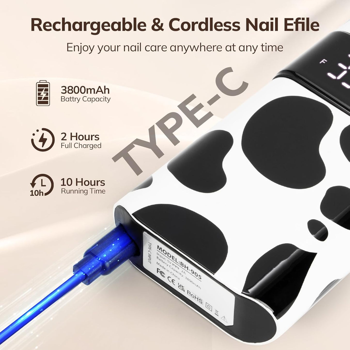 Lavinda 35000RPM Electric Nail Drill, Cordless Nail Drill Machine Portable Rechargeable Nail Efile for Acrylic Gel Nails, Manicure Pedicure Polishing Shaping Tool for Salon Home Use-Cow Print