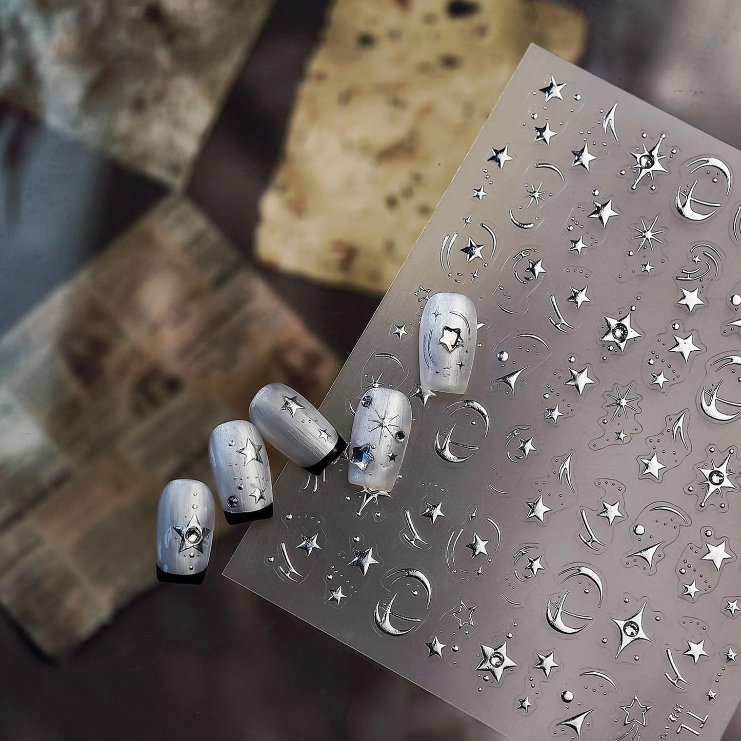 Shine Silver Star Nail Stickers for Nail Art 5D Embossed Self-Adhesive Pentagram Nail Decals with Rhinestones Designs for Women DIY Manicure Supplies Decorations 1 Sheets