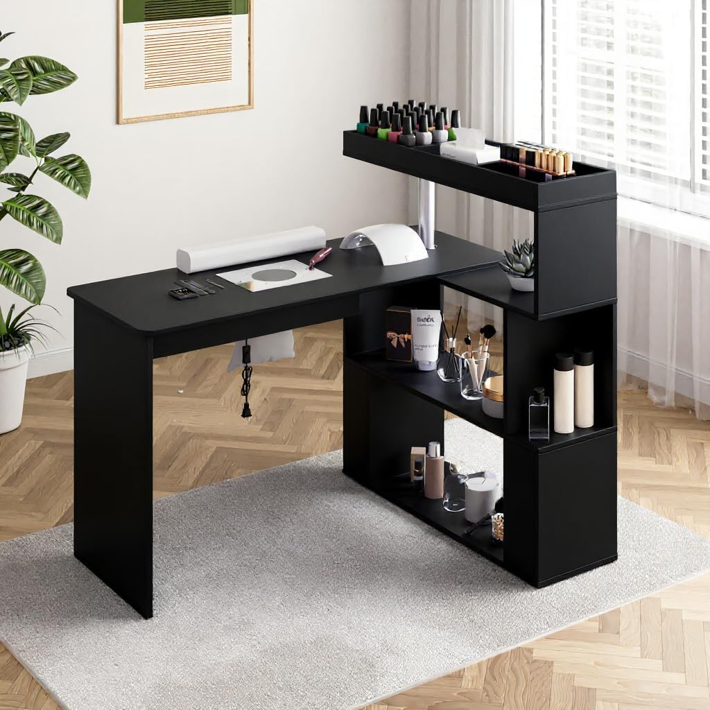 Manicure Table, L-Shaped Nail Tech Desk with Dust Collector, Reversible Rotating Table & Storage Shelf, Acetone Resistant Beauty Salon Station, Black
