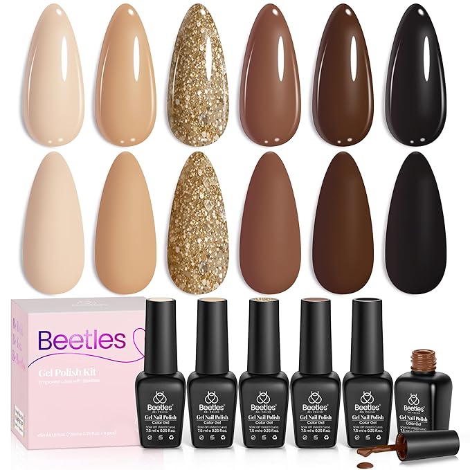 Beetles Fall Brown Gel Polish - 6 Colors Nude Brown Neutral Beige Khaki Glitter Gold Gel Nail Polish Set Roasted Chestnuts Collection Uv Gel Nail Art Manicure