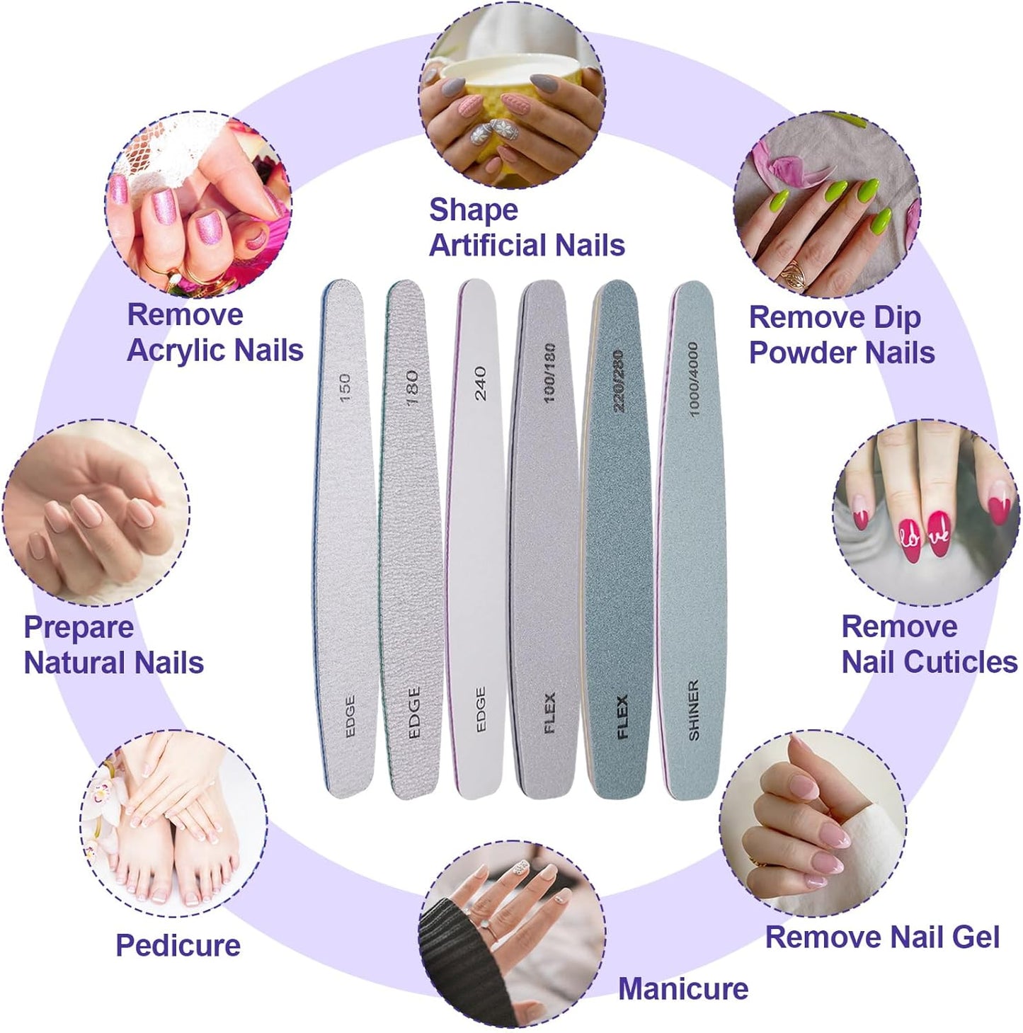 Nail File and Buffer Set, 6 Pcs Professional Nail File Kit for Acrylic and Natural Nails, 100/150/180/220/240/280/1000/4000 Grit Soft Nail Filer Gel Nail Files & buffers Filing Emery Board Home Salon