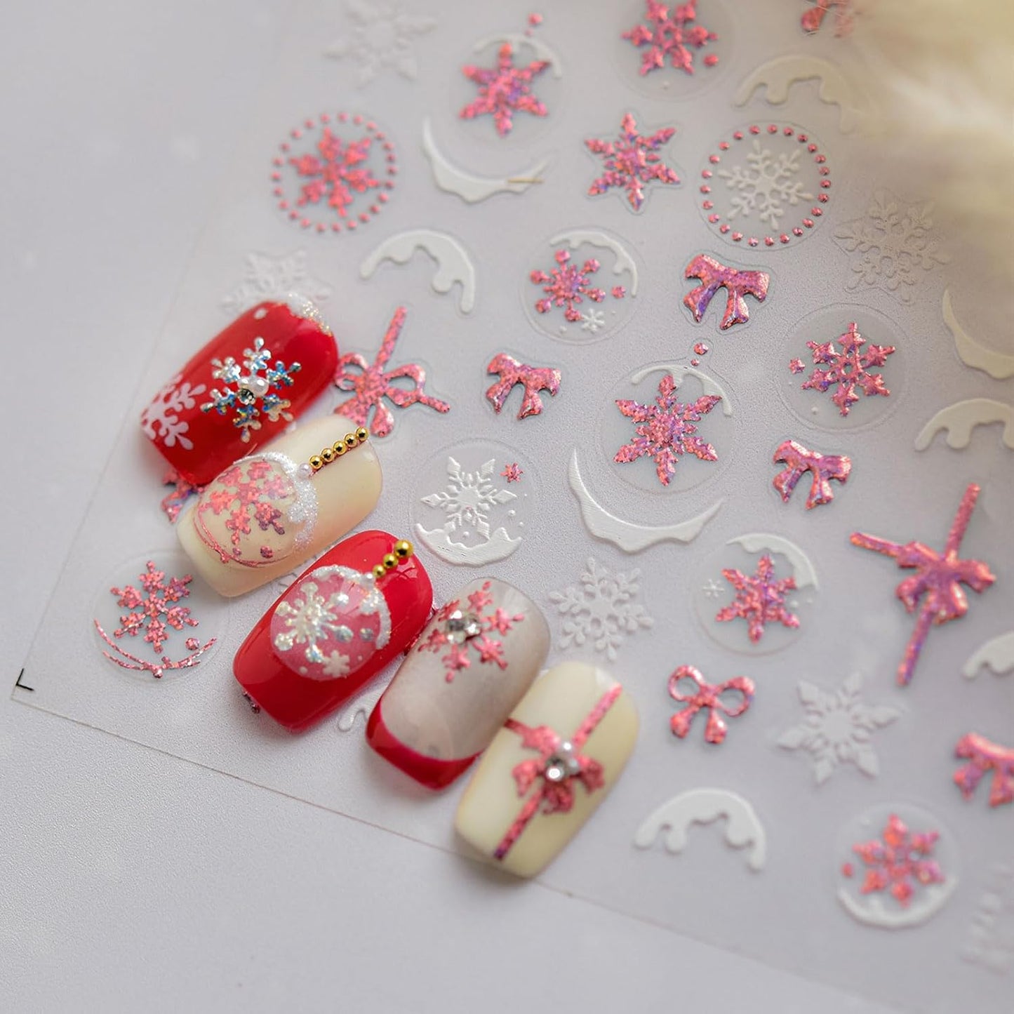 JMEOWIO 3D Embossed Christmas Glitter Snowflake Nail Art Stickers Decals Self-Adhesive 5D Nail Supplies Nail Art Design Decoration Accessories 1 Sheets