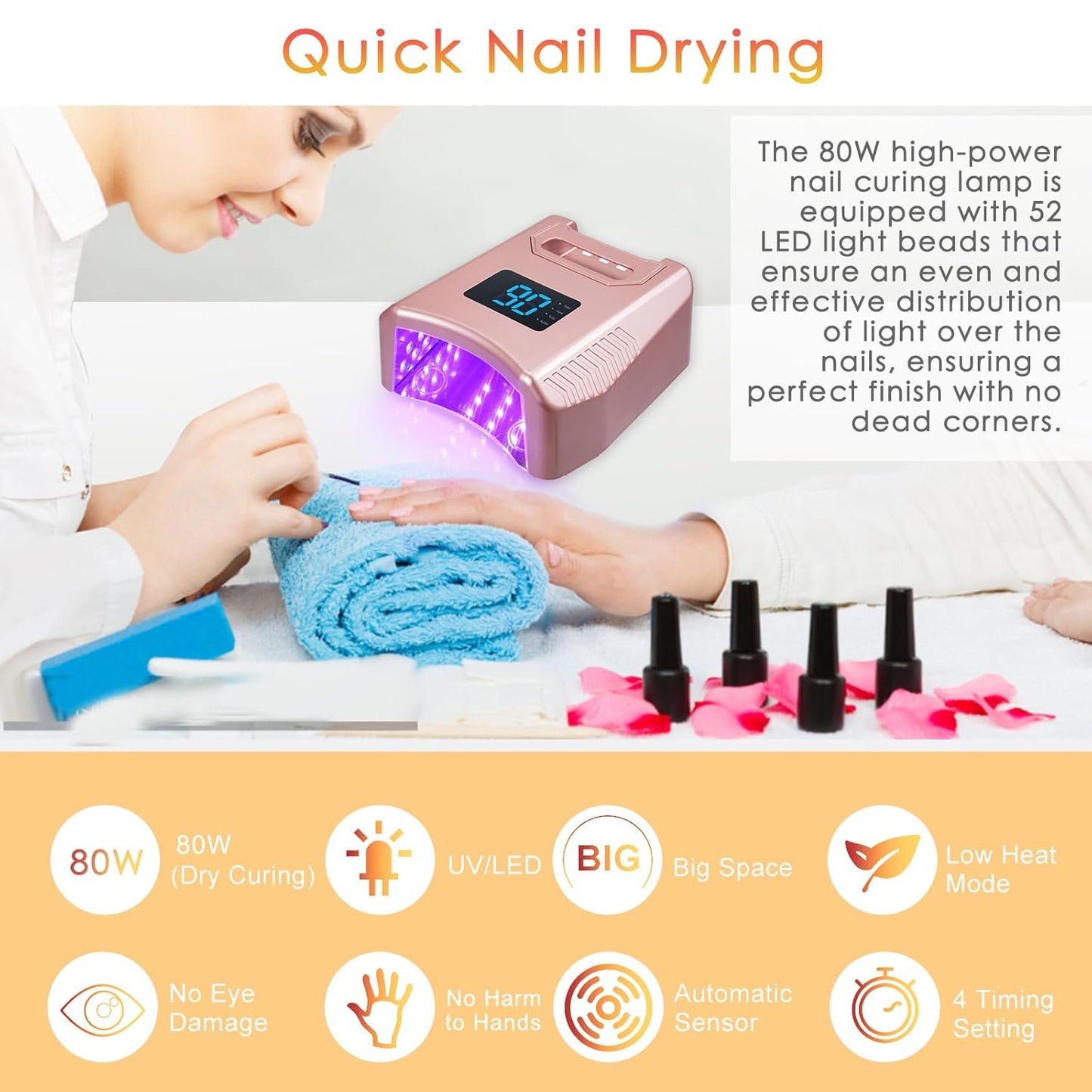 Cordless UV LED Nail Lamp 80W 52LEDs Gel Nail Polish Dryer Quick Drying Fingernail Toenail Curing Lamp 4 Timer Settings with Auto Sensor Digital Display Screen Nail Art Salon Tool