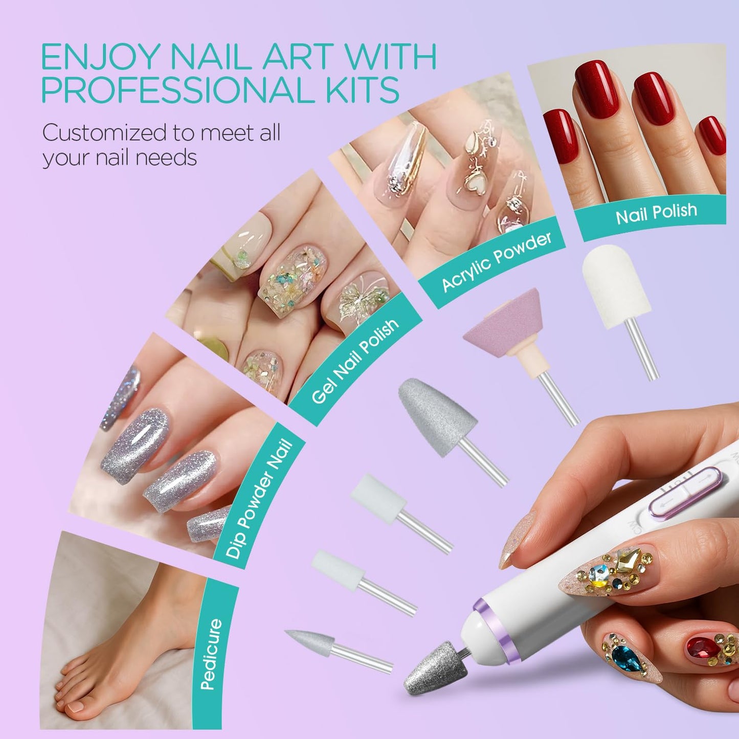 Electric Nail Drill, Cordless Nail File Machine Kit 2 Directions & Speeds for Acrylic, Gel Nails, Rechargeable with LED & 6 Nail Drill Bits for Professional Manicure and Pedicure, Purple ND310