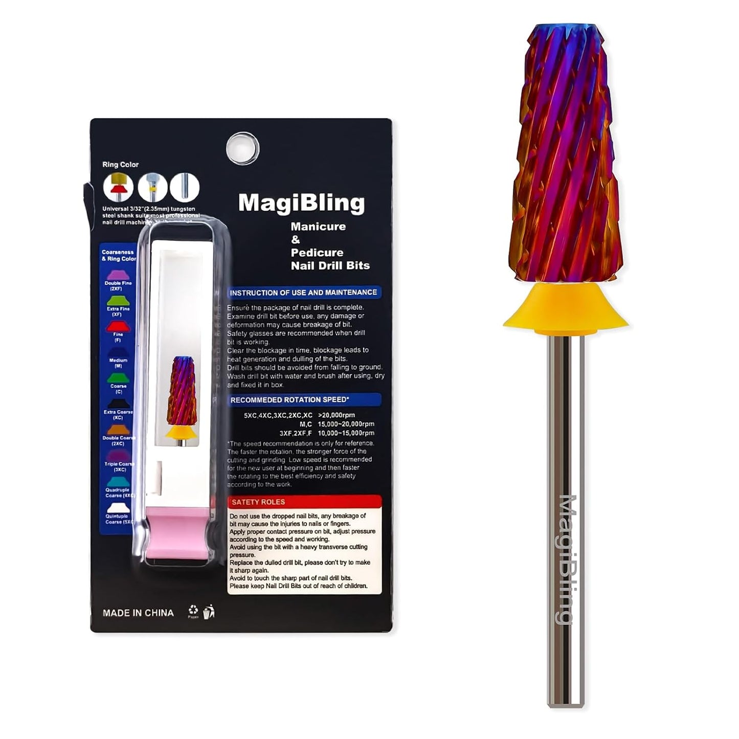 Professional Nail Drill Bits for New Artists, Cross Cut 3/32'' Safety Tungsten Carbide Tapered Bit, Remove Gel Fast, Left & Right Hand Use, Manicure Cuticle Soft Hard Gel Polishing, Double Coarse.