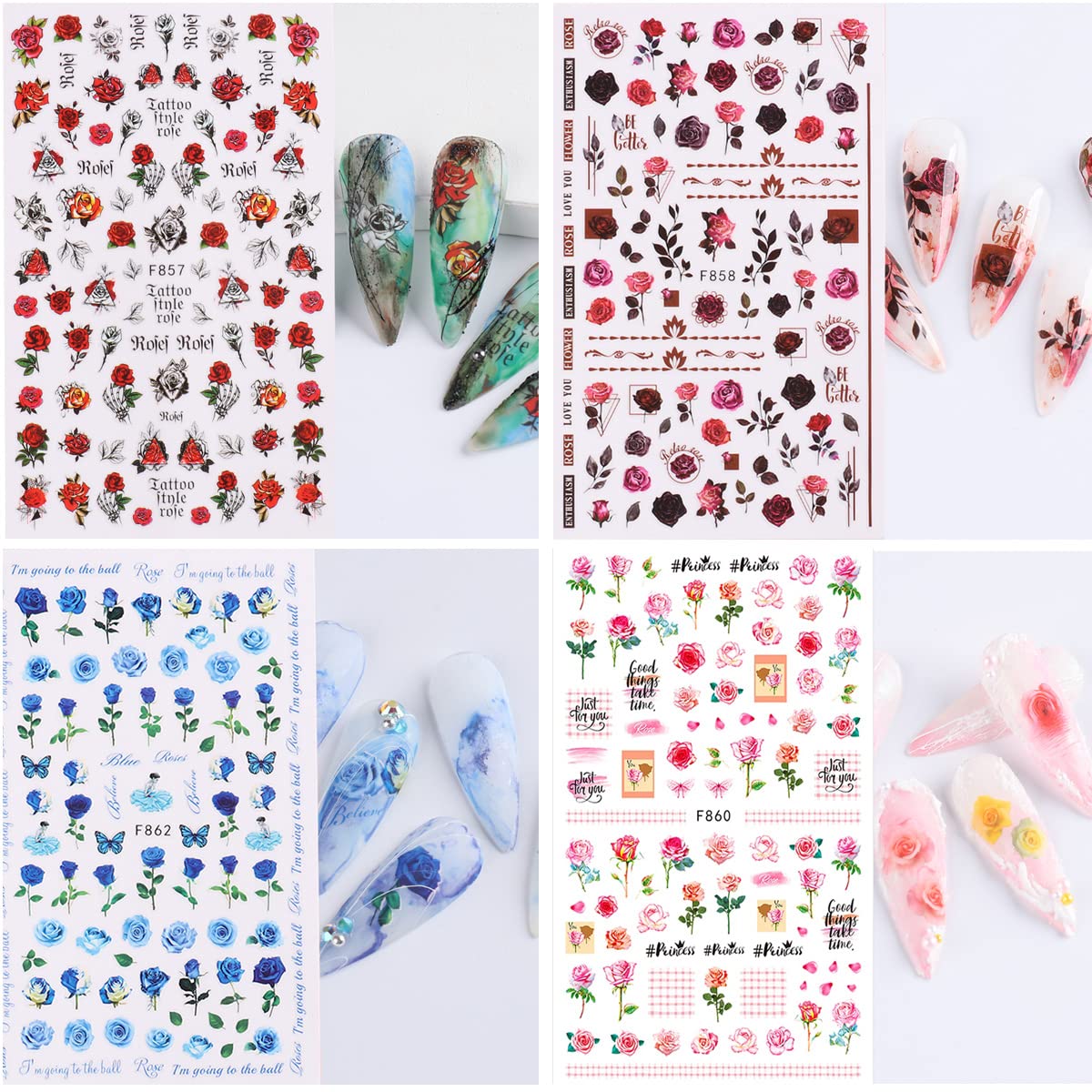6 Sheets Flower Nail Art Stickers 3D Blue Pink Red Rose Nail Decals Spring Summer Nail Art Supplies Leopard Snake Leaf Butterfly Floral Nail Designs Supply Nail Stickers for Acrylic Nails Decor