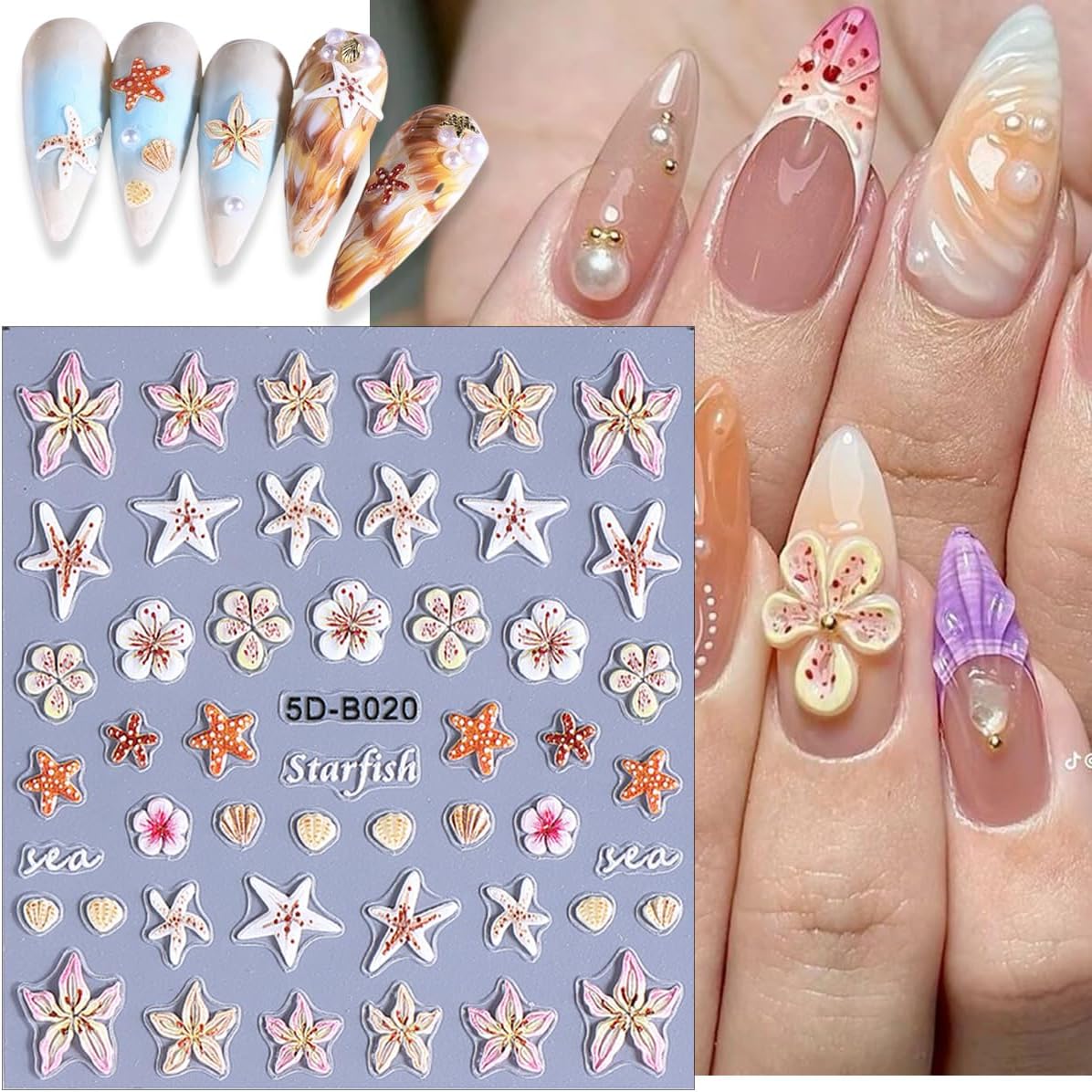 2 Sheets Colorful Starfish Nail Stickers, Flower Nail Decals, 5D Embossed Self-Adhesive Nail Art Stickers for Women DIY Summer Flowers, Shells, Bows, Starfish Manicure Decoration Supplies