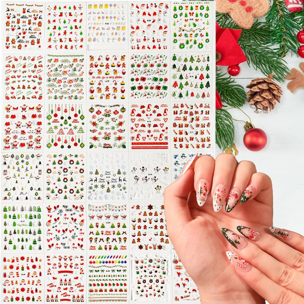 30 Sheets Christmas Nail Art Stickers 3D Self Adhesive Christmas Nail Decals Santa Claus Elk Snowman Christmas Tree Nail Art Supplies Winter Nail Stickers for Women DIY Acrylic Nail Decorations