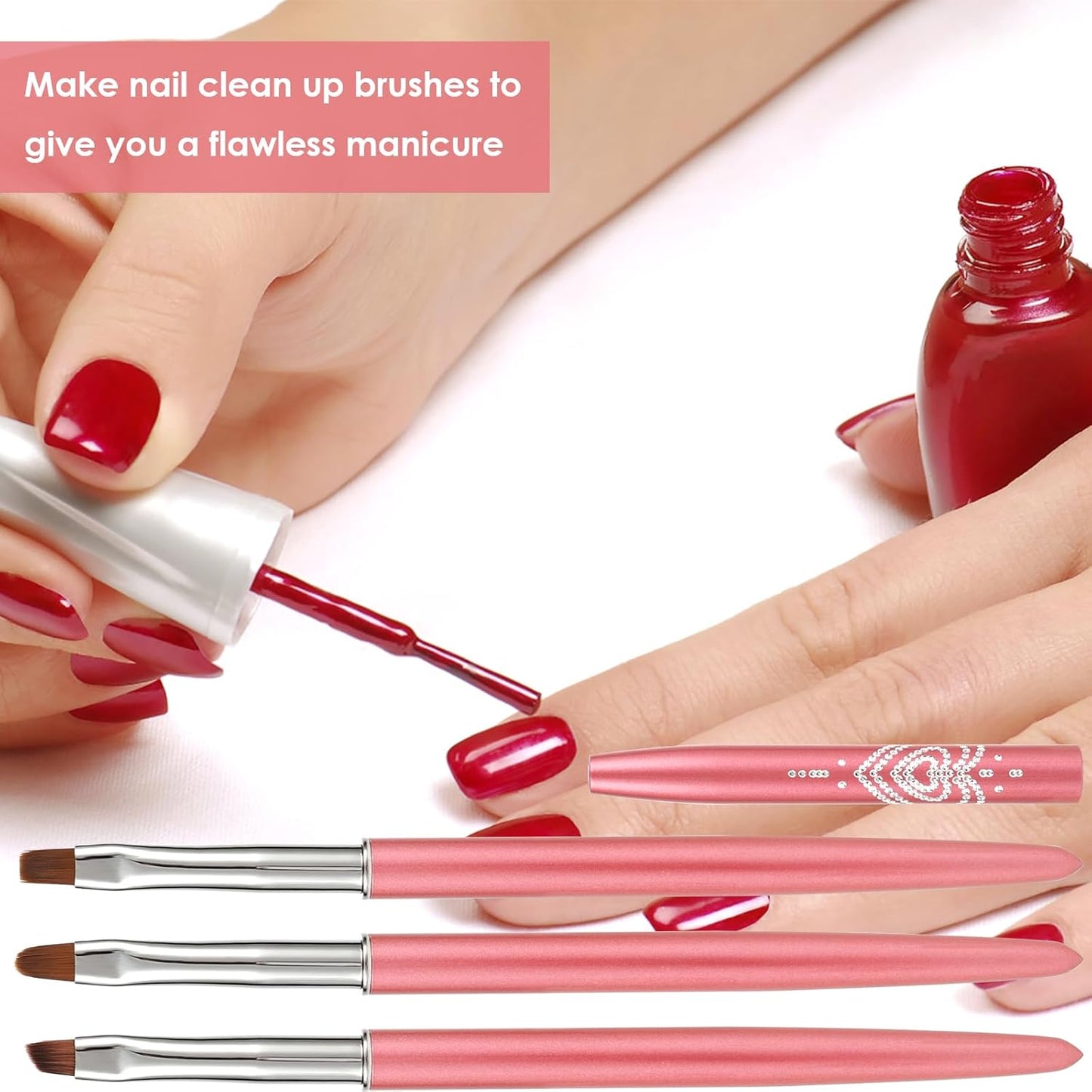 cobee Nail Clean Up Brush, 3PCS Nail Art Clean Up Brushes Nail Painting Brushes Nail Remover Brush Nail Pen Painting Tools for Nail Art Design Manicure Mistake Cleaning(Round, Angled, Flat, Rose Red)