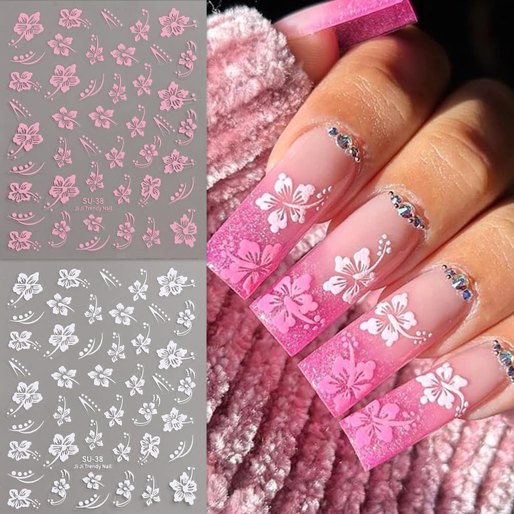 6 Sheets Flower Nail Stickers, Hibiscus 3D Self-Adhesive Nail Decals Blue Yellow White Pink Gold Floral Petal Tropical Leaf Designs DIY Manicure Supplies for Women Girls