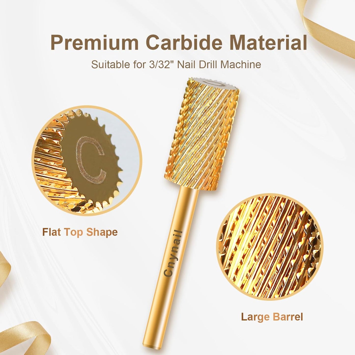 3/32" Large Barrel Flat Top Tungsten Carbide Nail Drill Bit Safety Bit for Gel & Acrylic Removal, 2-Way Rotating Efile Tip, Salon Electric File Accessory (C Grit, Gold)