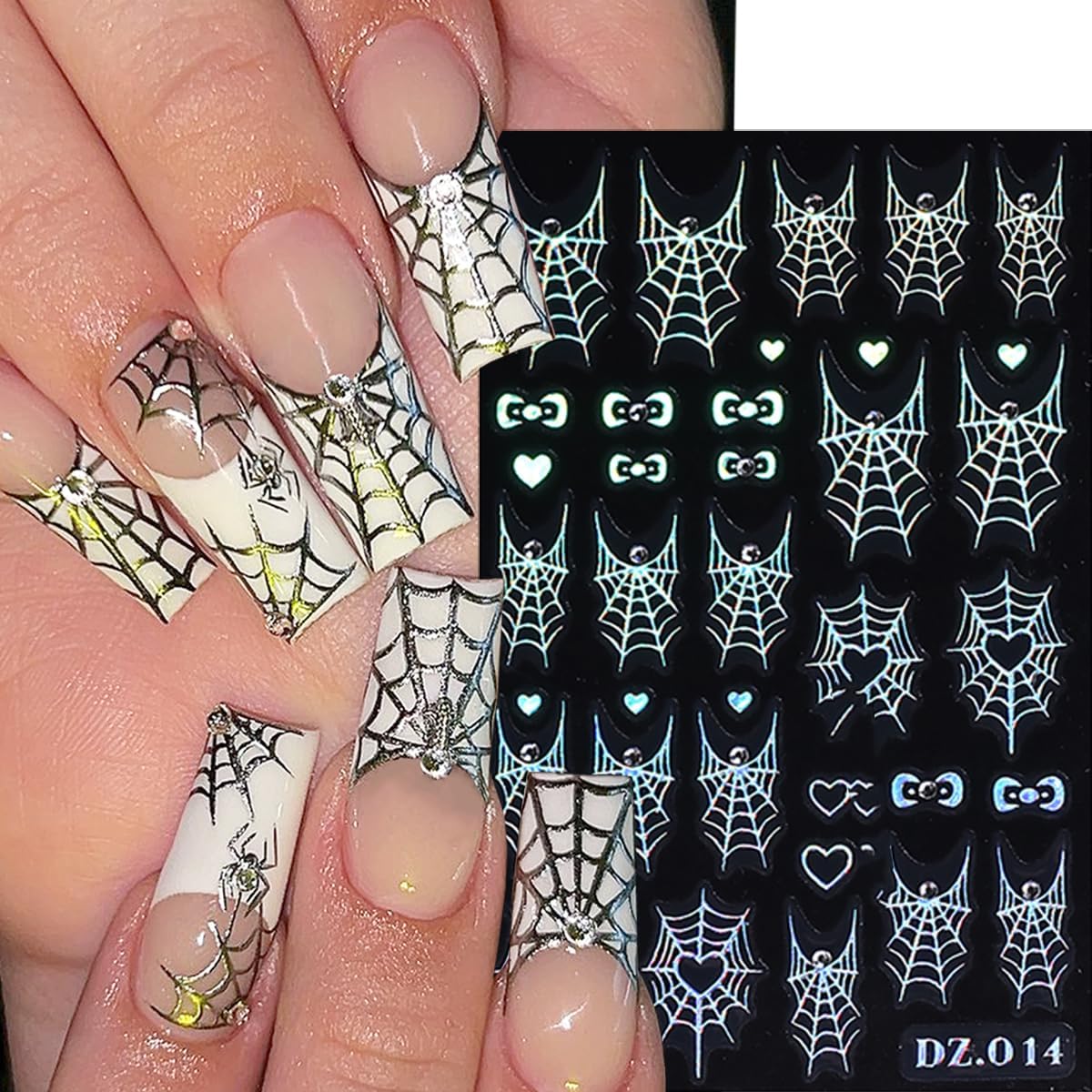 6 Sheets Halloween Scary Nail Stickers Gold Laser Silver White Nail Art Stickers Decals 3D Self-Adhesive Spider Web Bow Nail Decals for Women Halloween Party Nails Design Decoration Supplies