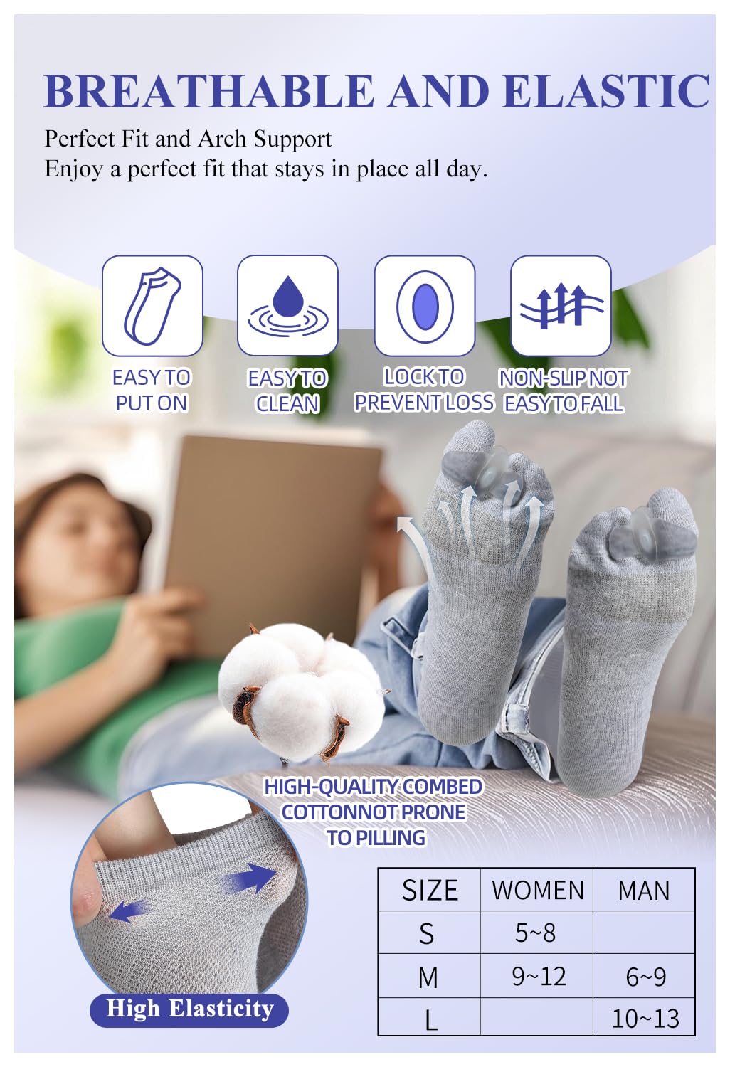 Happy Feet Alignment Socks, Adjustable Yoga Toe Separators For Men Women, Wearable On The Go, Gray M