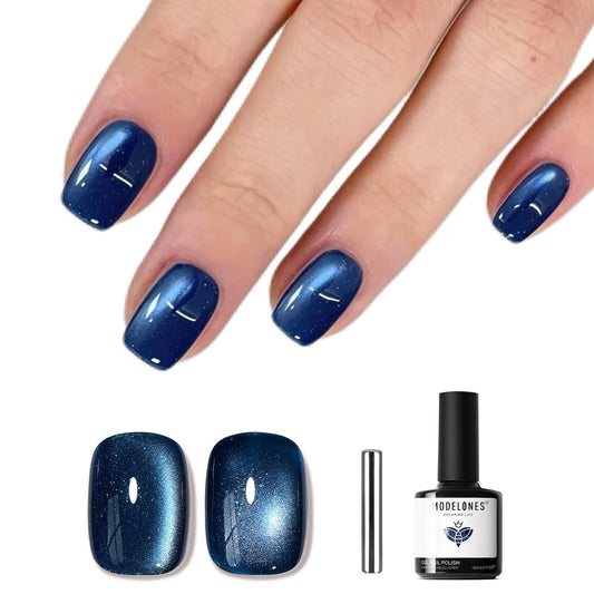 modelones Cat Eye Gel Nail Polish,Blue Glass Nail Polish Sparkle Reflective Glitter Polish Spring Deep Navy Blue Translucent U V Magnet Soak Off LED Nail Art Gel Top Coat DIY Salon 15 ML