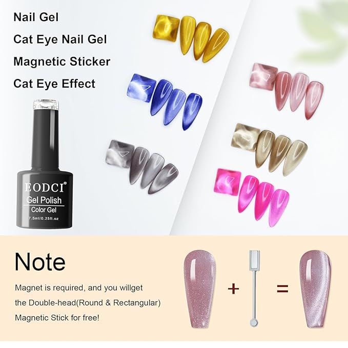 Cat Eye Gel Nail Polish, 6 Colors Jelly Flash for Holographic Glitter Cat Eye Gel with Magnet Stick, UV LED Curing Requires Soak Off Home Salon Manicure and Nail Art DIY at Home Diy