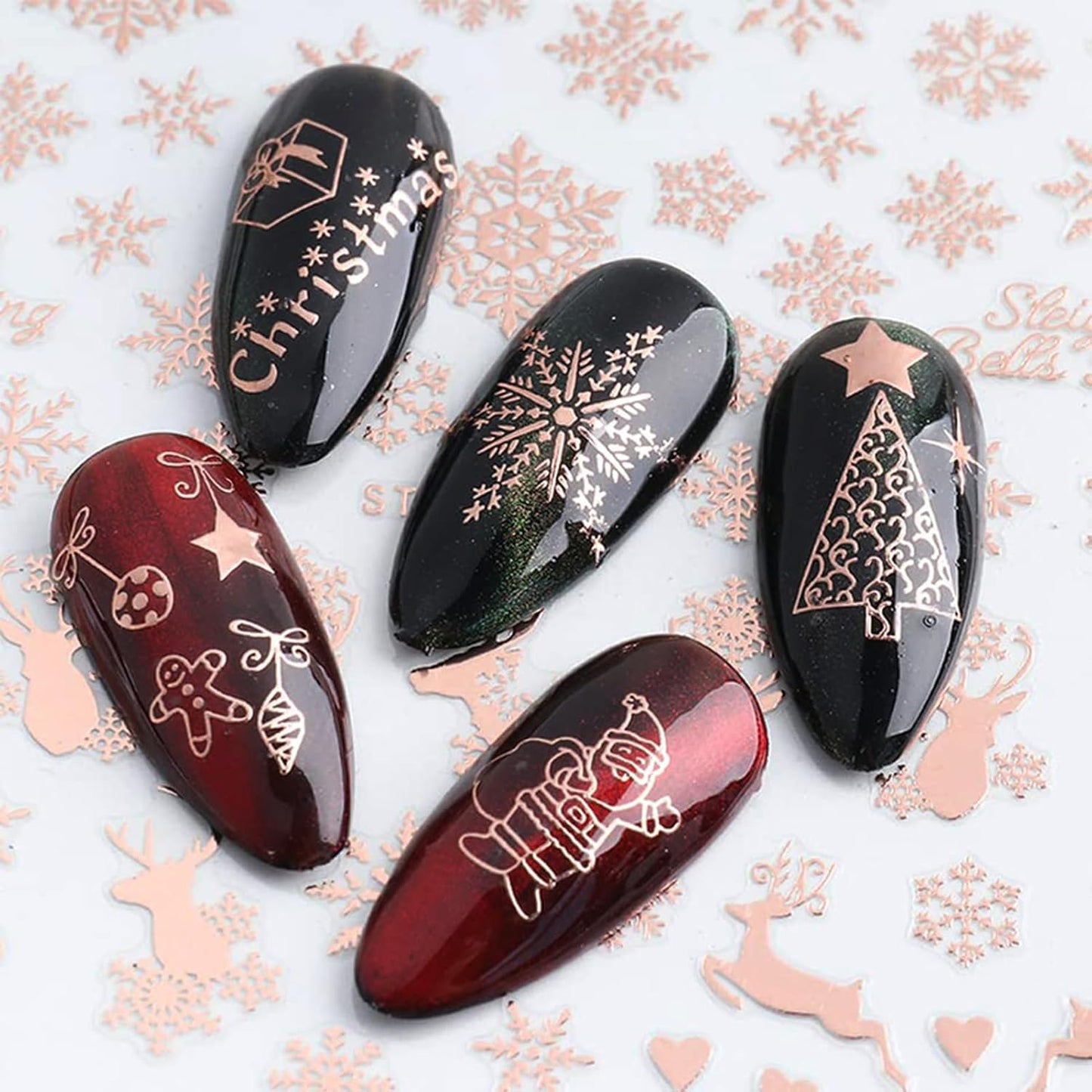 Christmas Nail Stickers, Rose Gold Self-Adhesive Nail Art Decals - 3D Snowflake Elk Design for DIY Manicure Winter Xmas Holiday DIY Nail Decorations (6 Sheets)