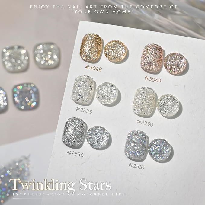 GAOY Glitter Gel Nail Polish Set, 6 Colors Silver Gold Champagne Sparkly, Soak Off UV Cure Gel for DIY Manicure at Home