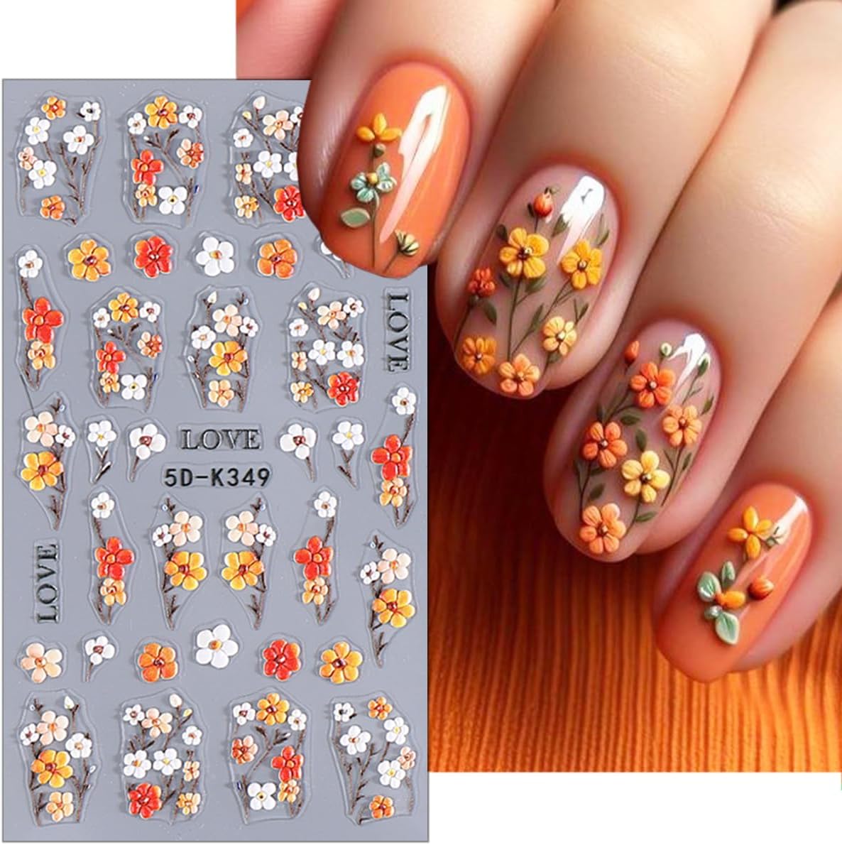 2 Sheets Spring Flower Nail Stickers Summer Embossed Flowers Nail Art Stickers Colorful Floral Leaf Nail Decals 5D Self-Adhesive Leaves Nails Supplies for Women Girls DIY Nail Accessories