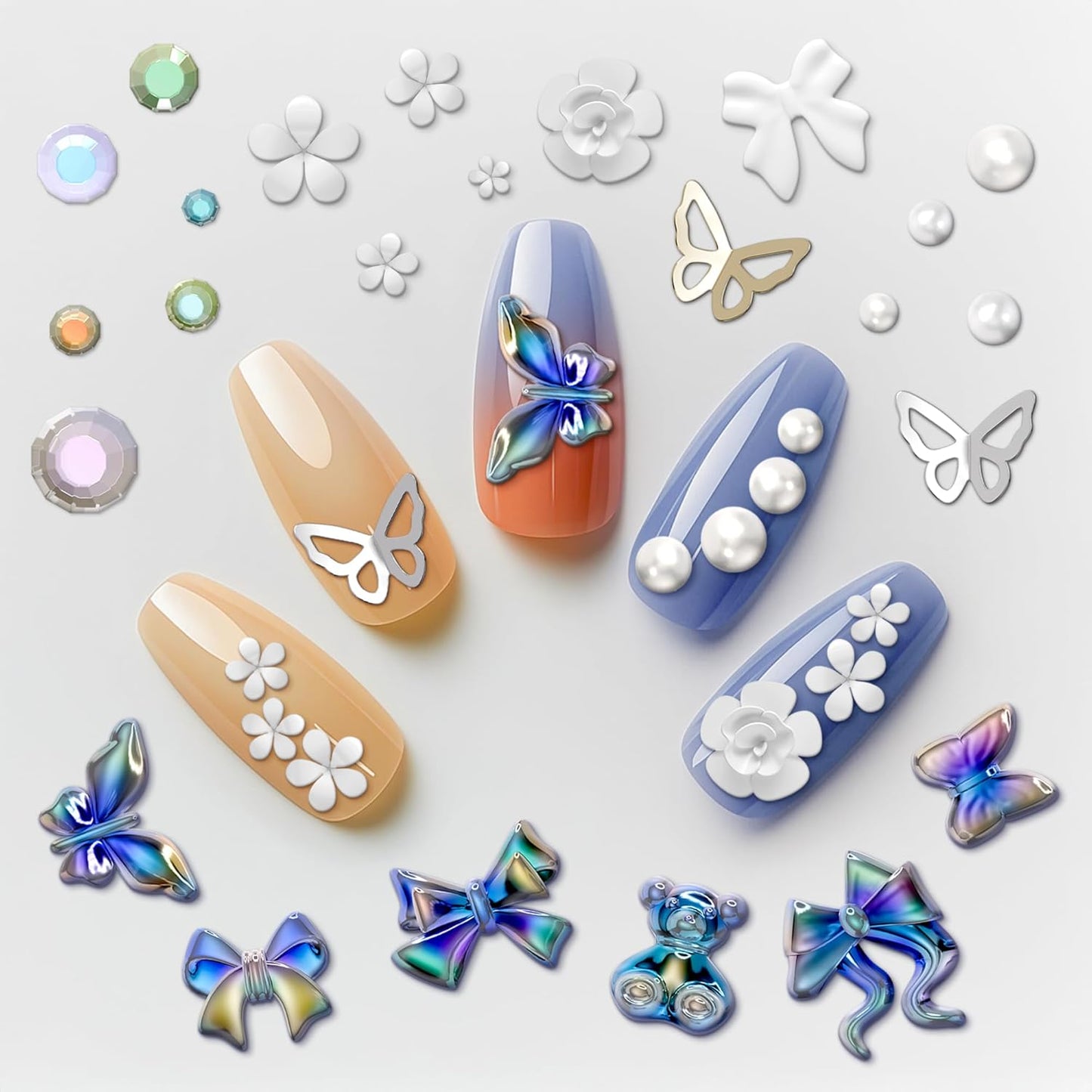 Rhinestones for Nails – Bow Nail Charms 520 Pcs Set with Gems, Butterfly Charms, 3D Flowers & Сrystals – Alloy Jewels for Nail Art, DIY Decorations, Weddings, Party Manicures & Creative Y2K Designs