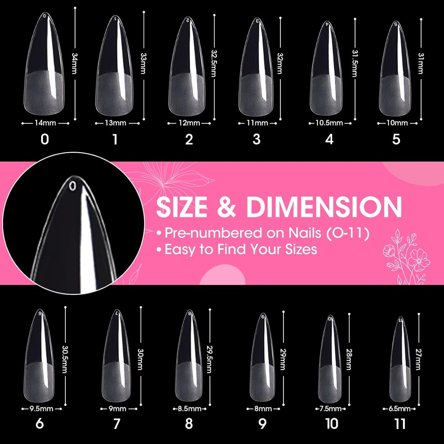 Gellen Stiletto Fake Nails 504Pcs Nail Tips, Acrylic Nail Kit Stiletto Pre-Shaped Press On Nails, Clear False Nail Extension Kit, Full Cover Soft Gel Nail Tips, Salon Nail Art Manicure Set, 12 Sizes
