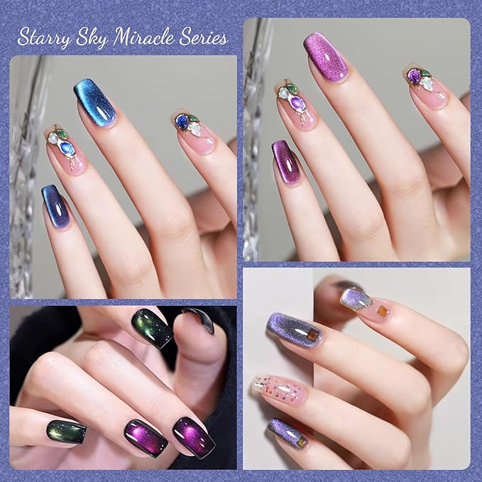 CANNI 8 Pcs 9 ML Cat Eye Gel Nail Polish Set, Red Purple Pink Blue Green Glitter Rainbow Holographic Cat Eye Gel Polish Kit with Magnet Colors Nail Art Manicure Salon DIY Gifts