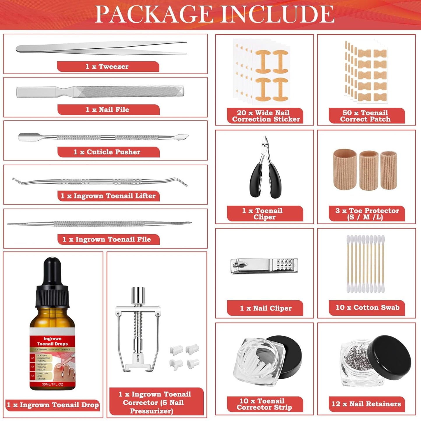 Ingrown Toenail Removal Kit, Professional Ingrown Toenail Treatment, Ingrown Toenail Tools Kit with Ingrown Toenail Corrector Drops, Toenail Clipper, Corrector Patch, Stainless Steel Pedicure Tool Set