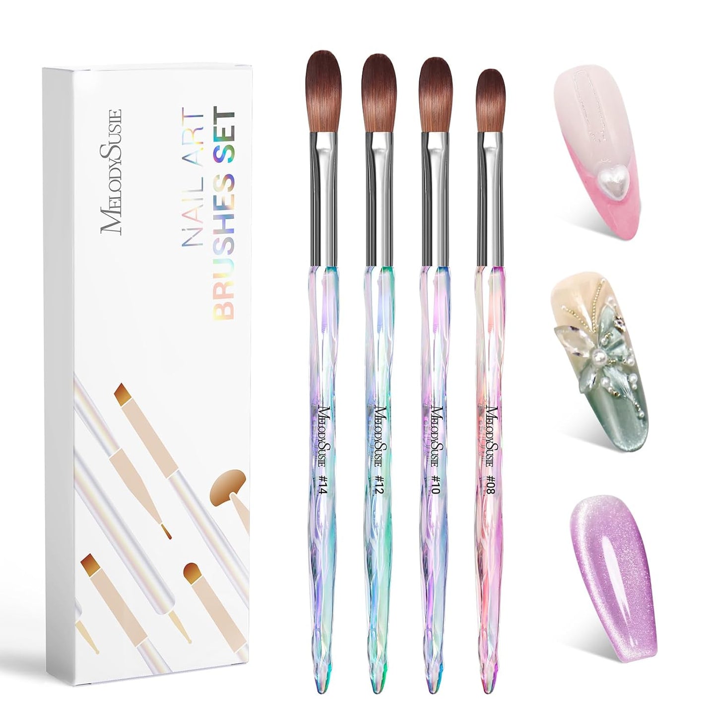 MelodySusie 4Pcs Acrylic Nail Brush Set, Size 8/10/12/14/ Professional Nail Brushes for Acrylic Application Powder Nail Extension and 3D Nail Carving for DIY Home Salon Nail Art Manicure Tool