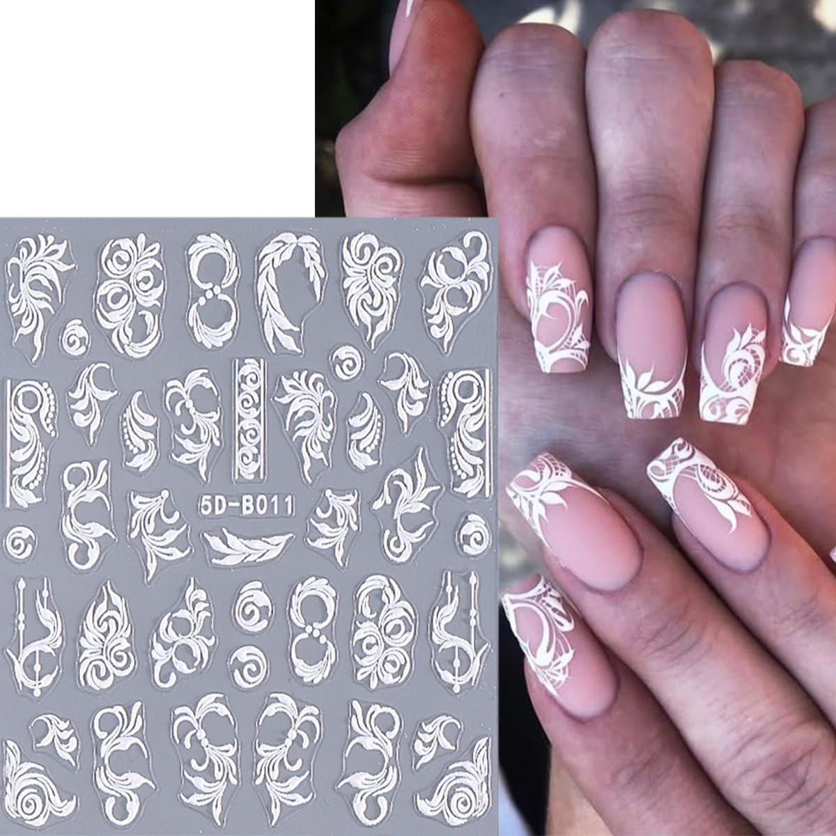 2 Sheets Embossed Flowers Nail Art Stickers Self-Adhesive White Vine Pattern Nail Supplies 5D Flower Nail Stickers for Nail Art Spring Floral Nail Decals for Women Girls DIY Nail Decoration