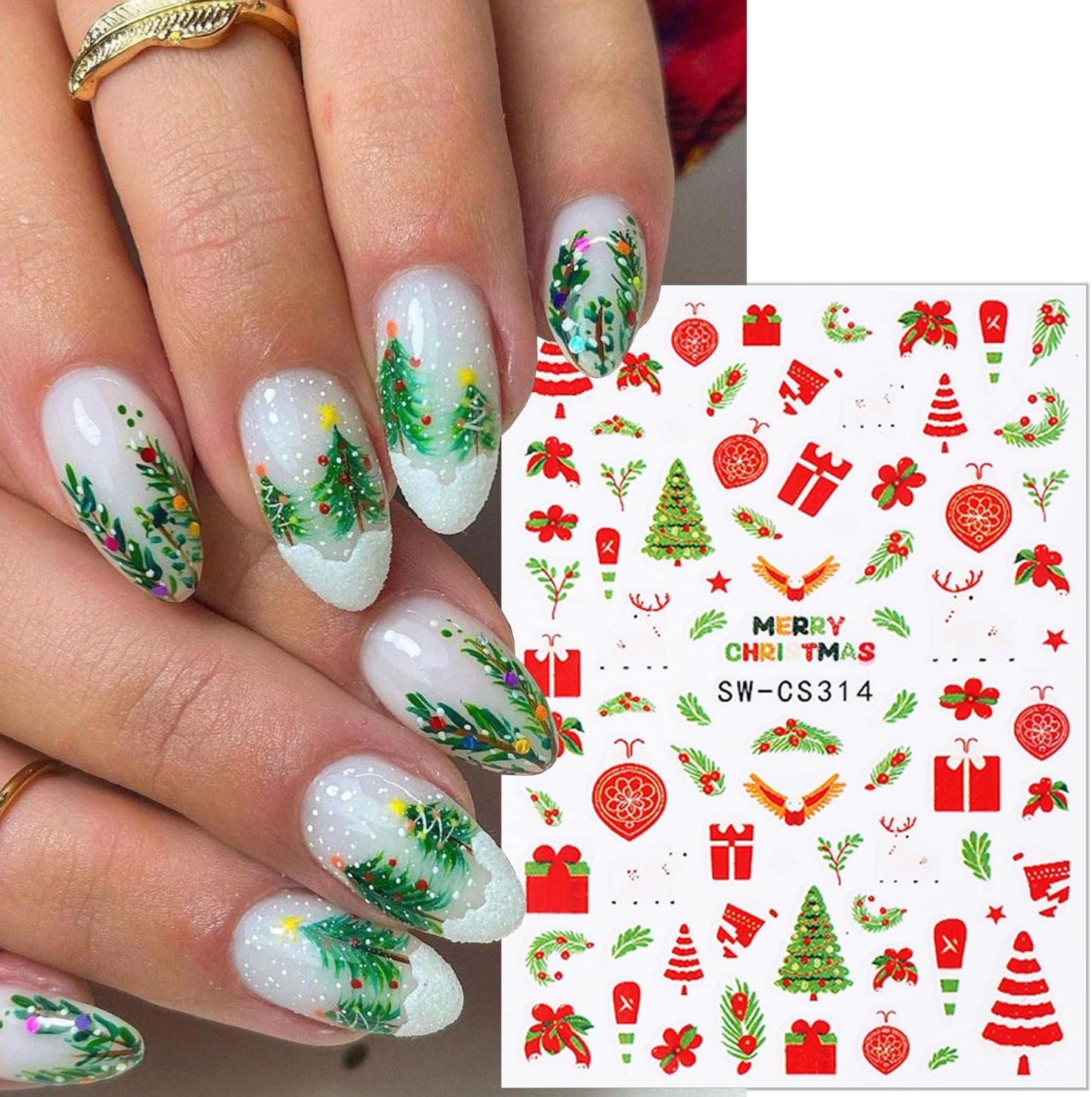 6 Sheets Christmas Nail Stickers for Nail Art Cute Xmas Candy Gingerbread Men Santa Claus Nail Decals 3D Self-Adhesive Bell Christmas Tree Nail Design Winter Snowflake Nail Art Stickers for Women