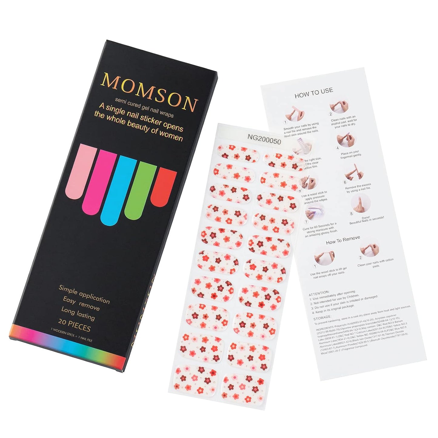 MOMSON Semi Cured Gel Nail Strips - 20 Real Gel Nail Polish Stickers/Full Nail Wraps - Art Manicure Kits for DIY at Home, Salon-Quality, Easy to Apply & Remove (Small Flowers, Orange, Red)