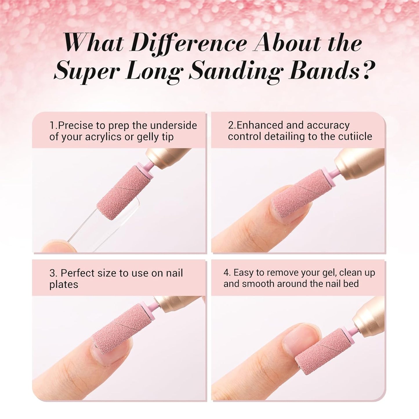 MelodySusie 50 Pcs Nail Drill Bits Super Long Sanding Bands with 6.65mm Crystal Mandrel Bit, 240 Extreme Fine Grit Nail File for Acrylic Nails Gel Manicures and Pedicure, Pink