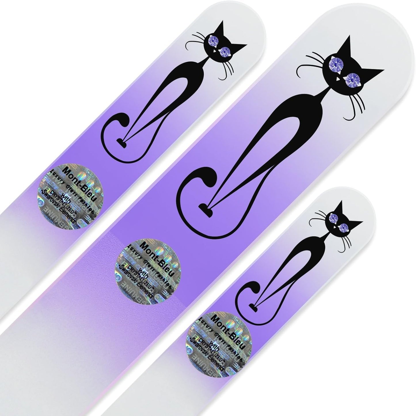 Mont Bleu Set of 3 Cats Crystal Nail Files hand decorated with crystals from Swarovski - Handmade - Czech Tempered Glass - Lifetime Guaranty - Glass Fingernail File - Best Crystal Glass Nail File