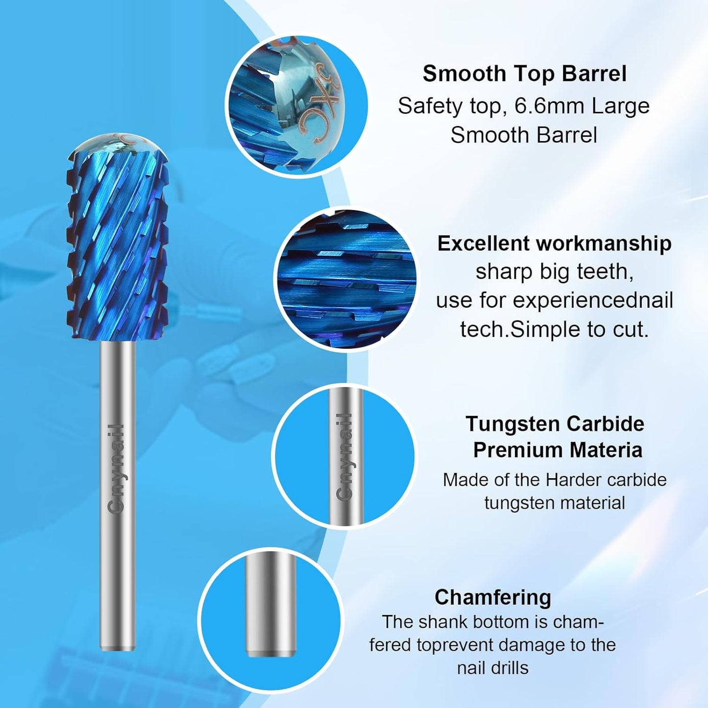 3/32" Large Barrel Smooth Round Top Tungsten Carbide Nail Drill Bit Safety Bit for Gel & Acrylic Removal, 2-Way Rotating Efile Tip, Salon Electric File Accessory (3XC Grit, Blue)