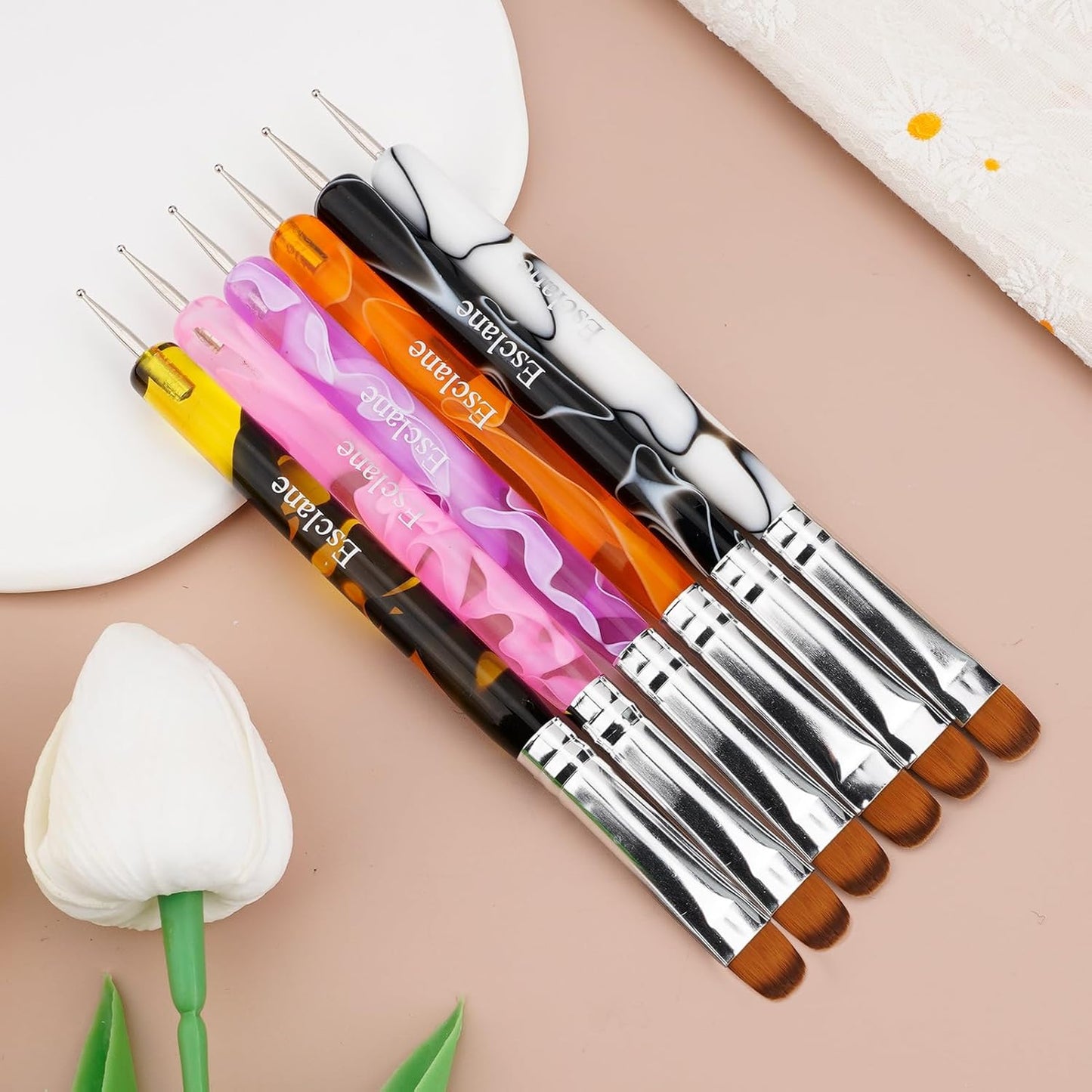 French Manicure Brush, Esclane 2 Way French Nail Brush with Dotting Tool for Manicure Cuticle Clean Up Nail Art Design, French Tip Brush (Black, #16)