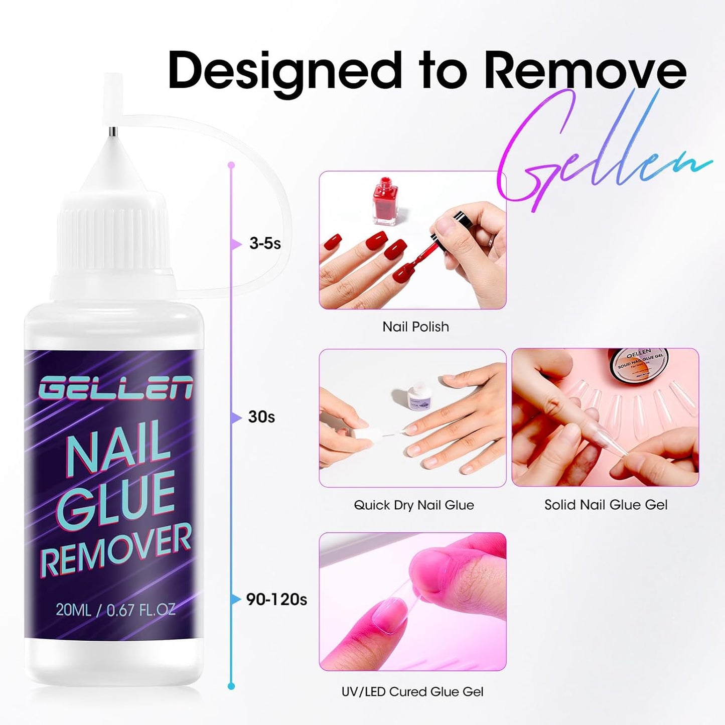Gellen Nail Glue Remover, Non Acetone Press On Nail Remover for Quick Dry Strong Brush Bond, 10s Fast Gentle Removal Solid Gel & UV Gel, Glue Off for Fake Nail Tips with Stick, 0.67 Fl.oz