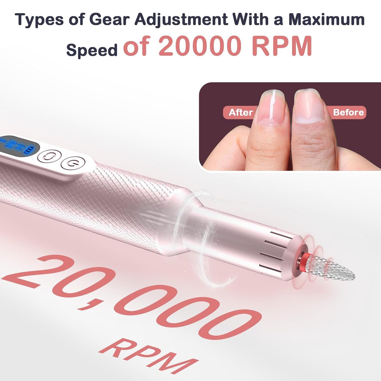 Portable Electric Nail Drills,Professional Nail Drill File Kit for Acrylic,Manicure and Pedicure Sets for Grinding,polishing and Trimming,Rechargeable Pedestal Nail Polisher. Pink