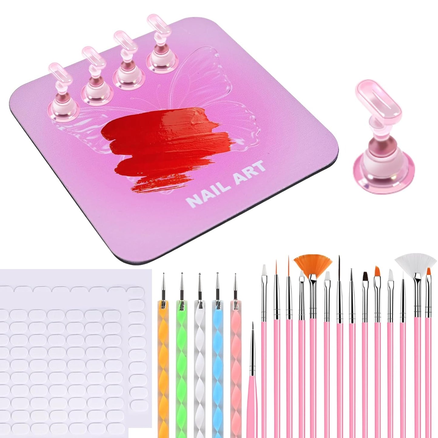 Nail Stand Brush Set, Magnetic Stands with Metal Base Art Palette, Reusable Nail Tips Display Practice Acrylic Holder with 200pcs Sticky Tabs and Tools for Home DIY Salon Supplies-Pink